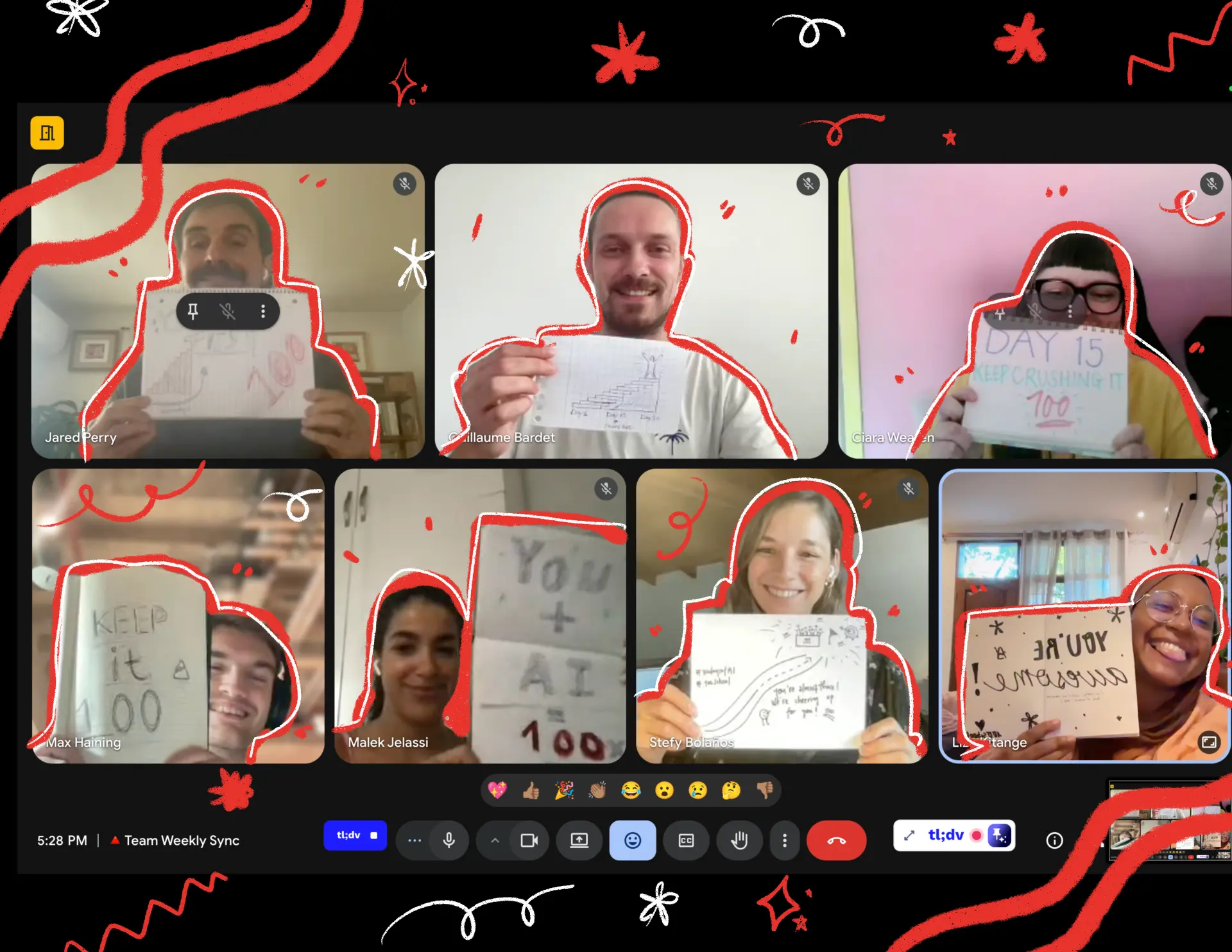 The 100 School team on a video call, holding handwritten 100 signs