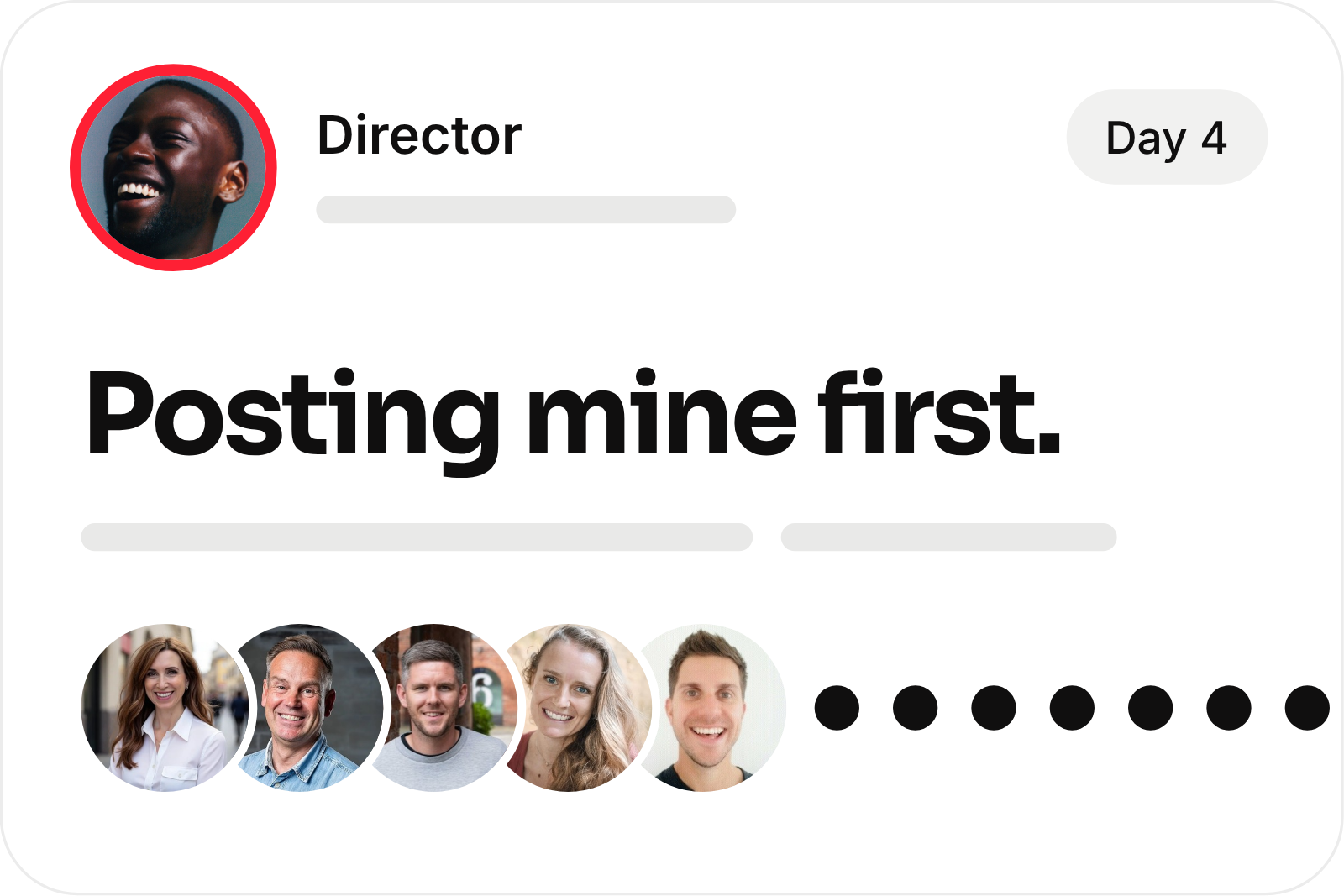 A director posting first in the team channel, with colleagues' photos below