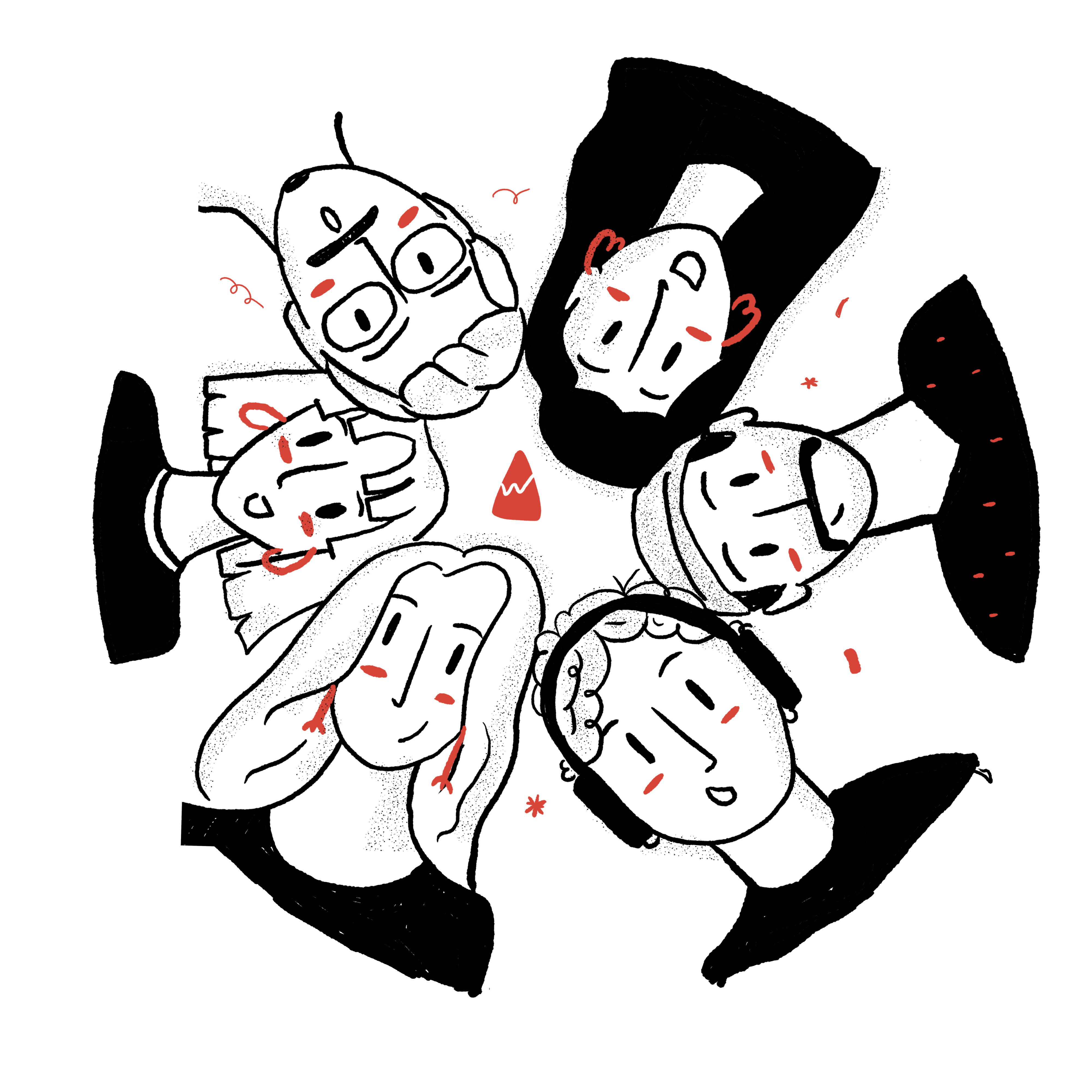 Illustration of people in a circle with their heads together, representing collaborative teams.